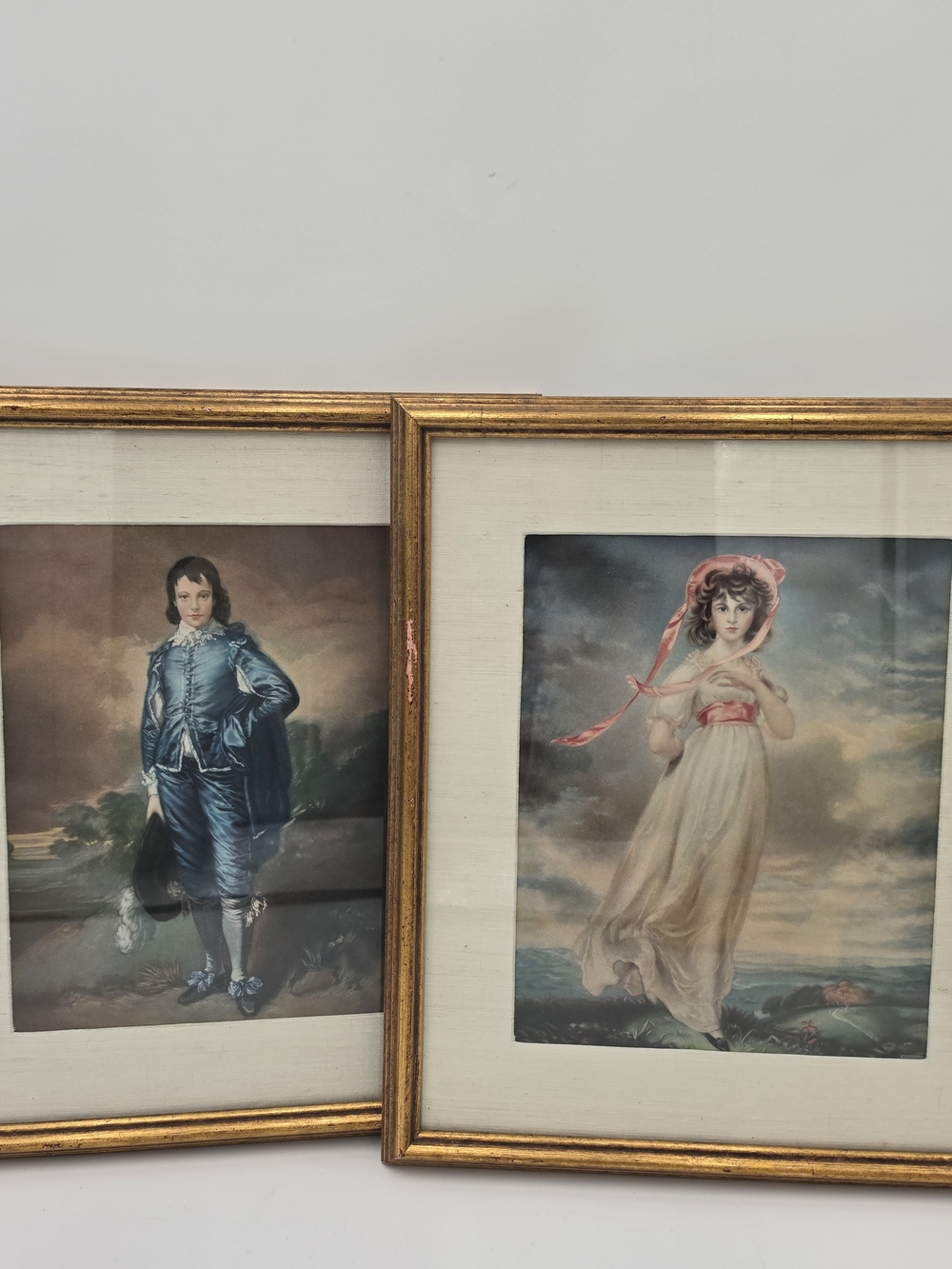 Pair of Vintage Framed Portrait Prints in Gold Frames - Blue & Cream